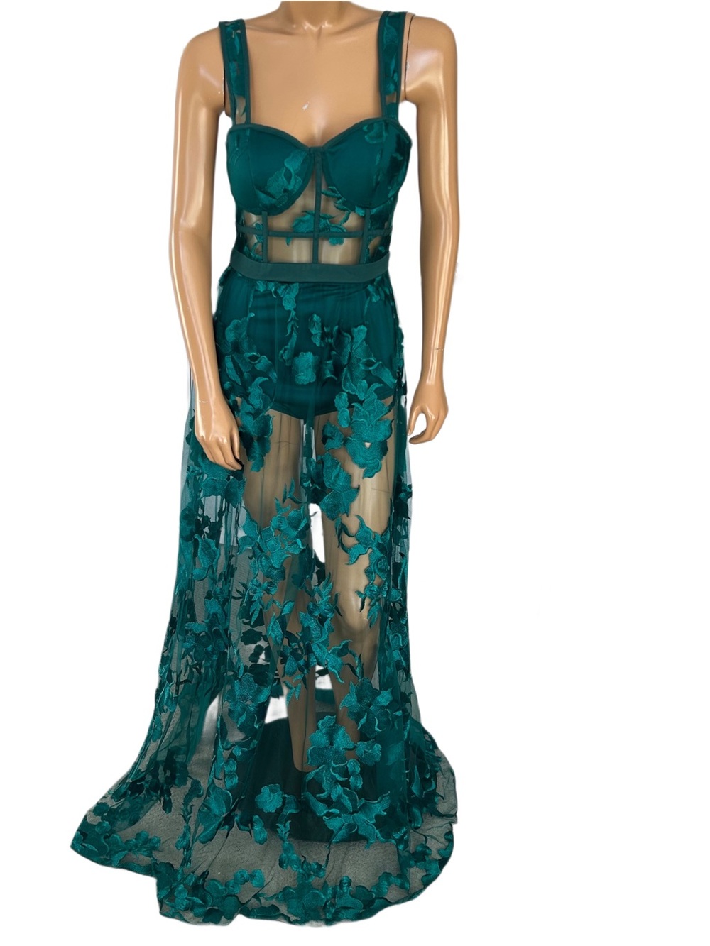 NWT Blithe Emerald Mesh Floral Evening Dress - Picture 3 of 9
